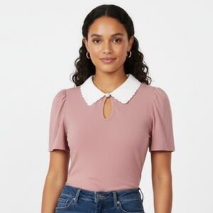 ​Flower & Feather Mauve Embroidered Collar Top - Size M